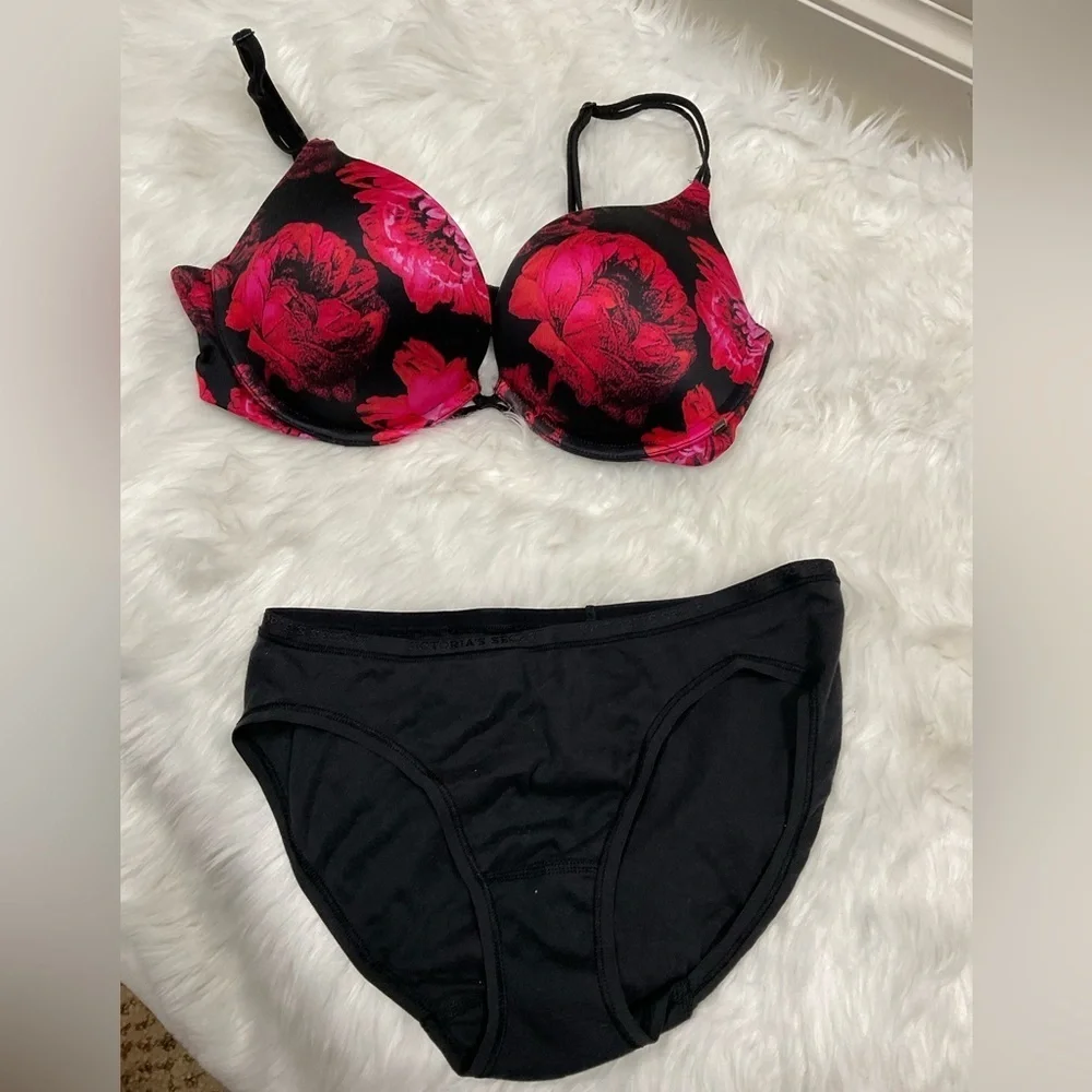 Very Sexy Victorias Secret Floral Black and Red Bra Set